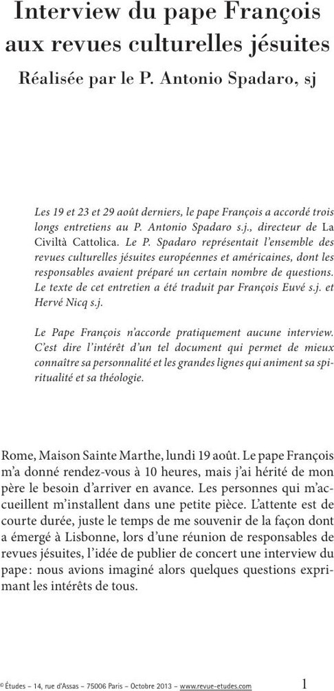Interview du pape François aux revues culturelles jésuites