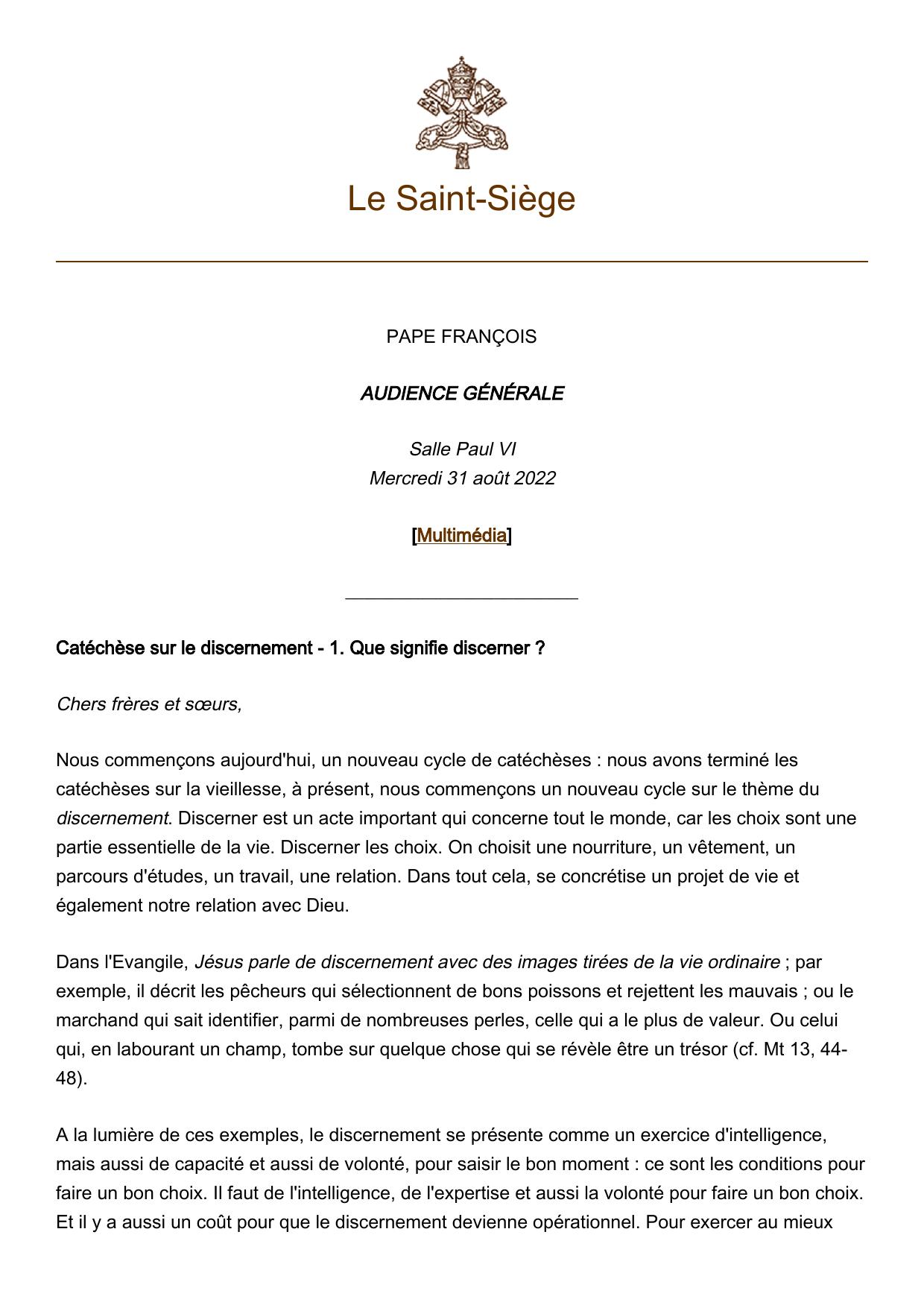 Catéchèses sur le discernement