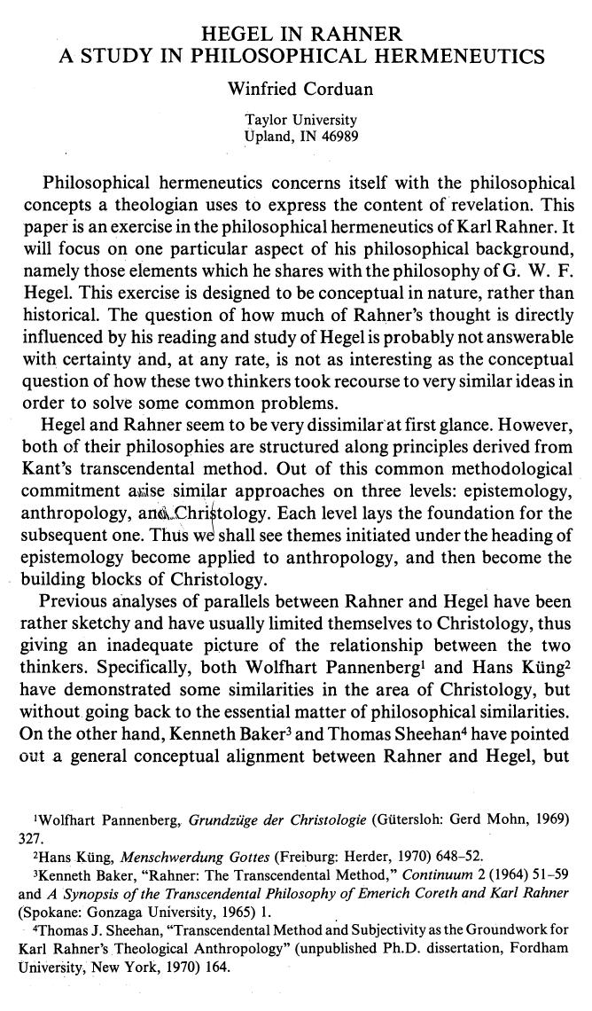 Hegel in Rahner : A study in philosophical hermeneutics