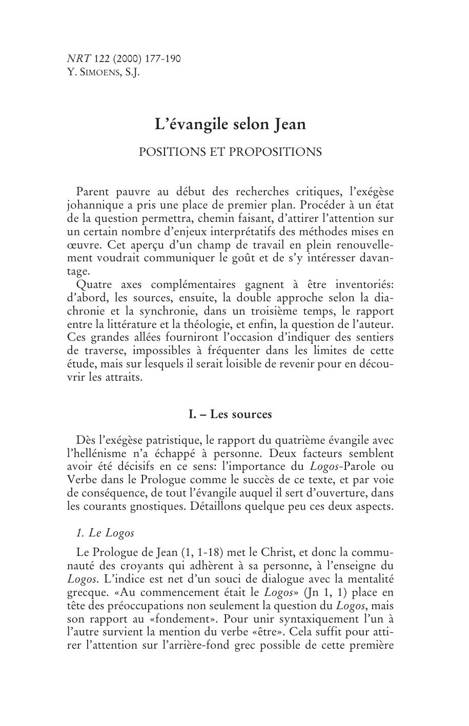 L'évangile selon Jean : Positions et propositions
